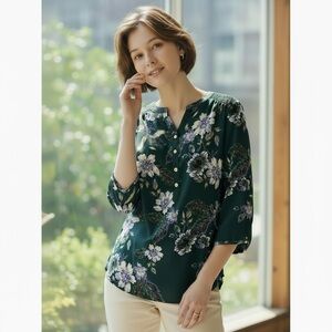 Croft & Barrow Green Floral Lightweight Blouse with 3/4 Length Sleeves Sz Small